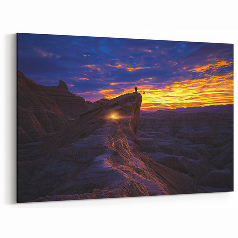Desert Landscape Art - Adventurer at Sunset on Majestic Cliff
