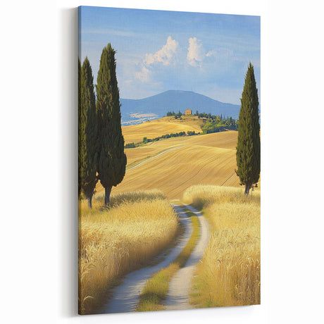 Path Through Golden Fields with Cypress Trees – Countryside Fields Wall Hanging