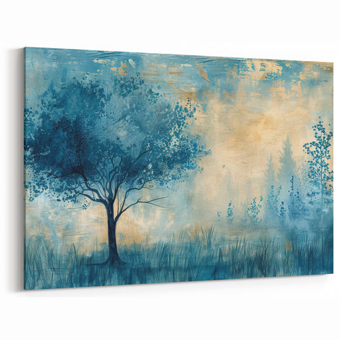 Abstract Landscape Wall Art - Blue Tree and Golden Glow