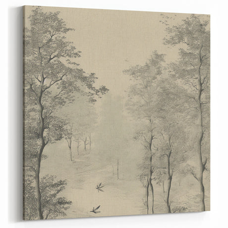 Monochrome Vintage Landscape Art – Classic Forest Scene Print
