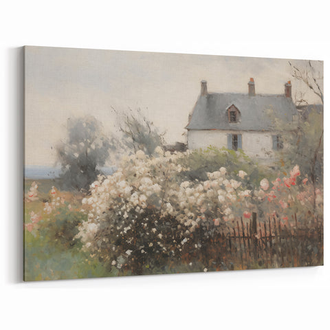 Vintage Landscape Art – Cottage with Flowers in Bloom – Antique Country Scene Wall Art