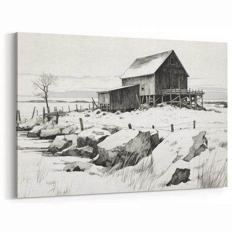 Vintage Landscape Art – Snowy Barn in Winter – Antique Rural Scene Wall Art