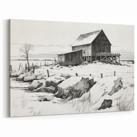 Vintage Landscape Art – Snowy Barn in Winter – Antique Rural Scene Wall Art