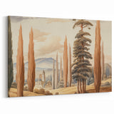 Vintage Landscape Art – Towering Cypress Trees and Scenic Castle – Antique European Wall Art