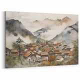 Vintage Landscape Art – Misty Mountain Village with Traditional Architecture – Antique Asian Wall Art