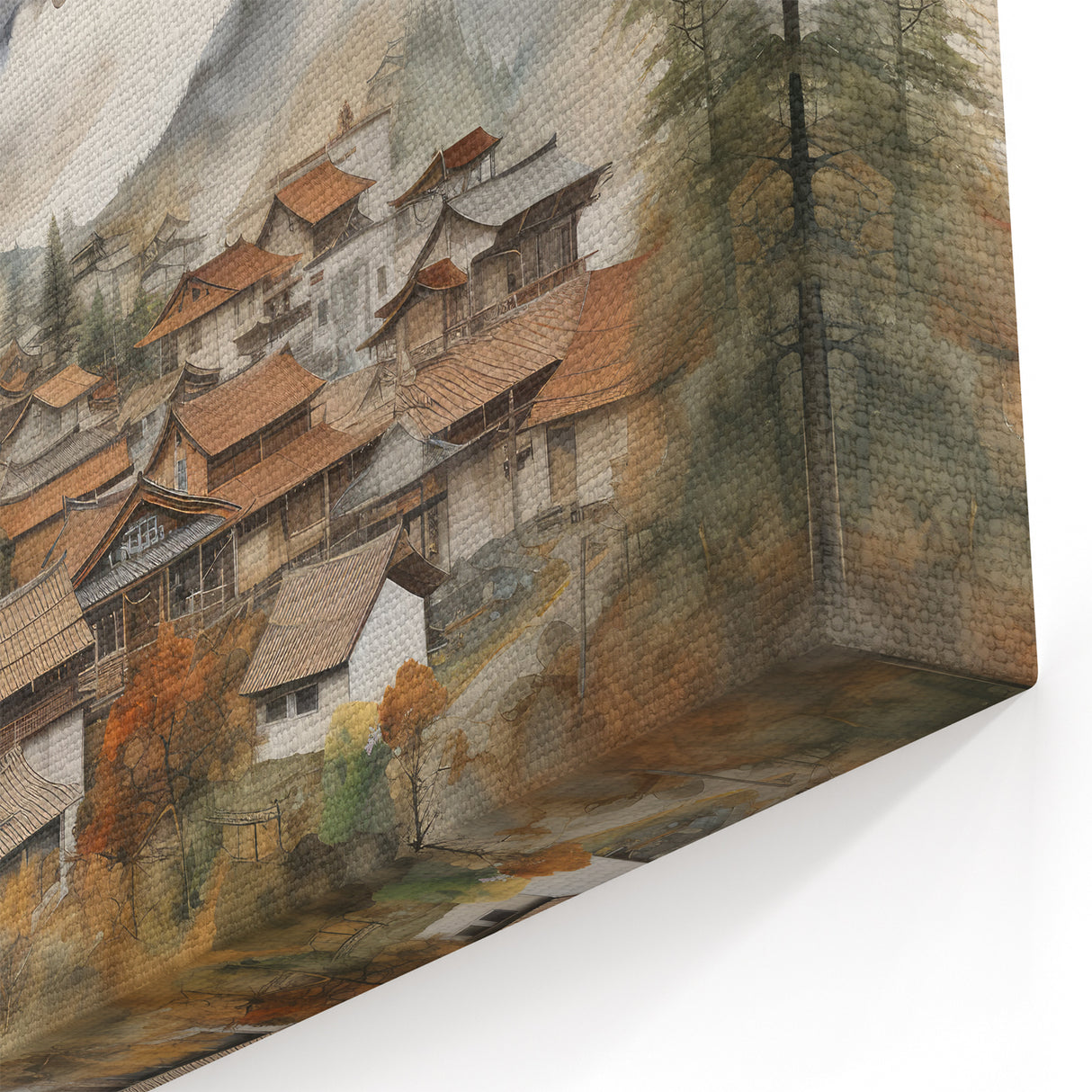 Vintage Landscape Art – Misty Mountain Village with Traditional Architecture – Antique Asian Wall Art