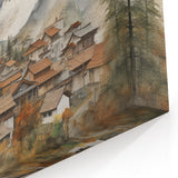 Vintage Landscape Art – Misty Mountain Village with Traditional Architecture – Antique Asian Wall Art