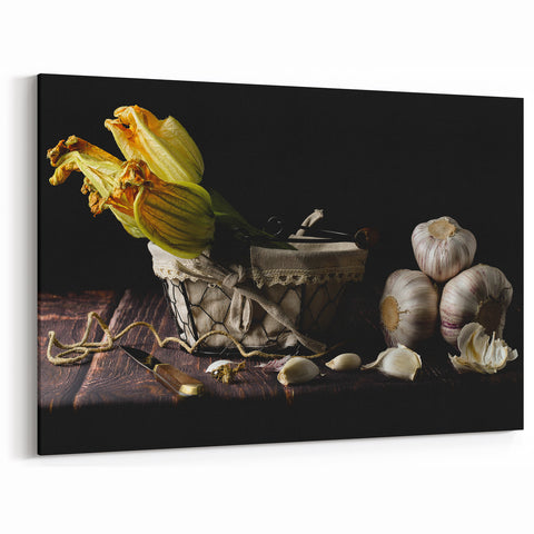 Rustic Garlic & Squash Blossom Art – Vintage Kitchen Wall Print