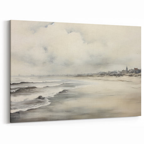 Vintage Landscape Art – Coastal Town and Misty Shoreline Decor