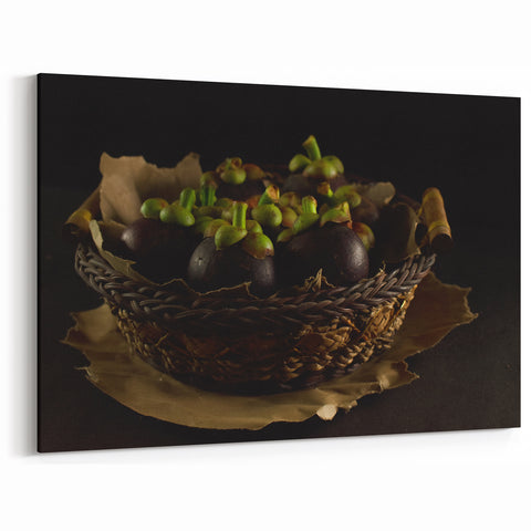 Rustic Mangosteen Basket Art – Vintage Kitchen Still Life Print
