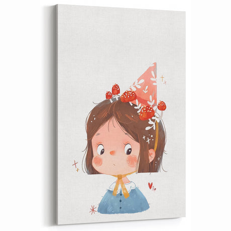 Whimsical Girl with Mushroom Hat Wall Art - Storybook Nursery Print