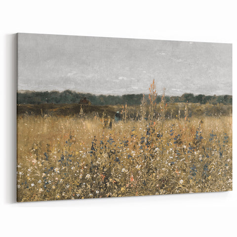 Vintage Landscape Art - Wildflower Meadow with Country House Print