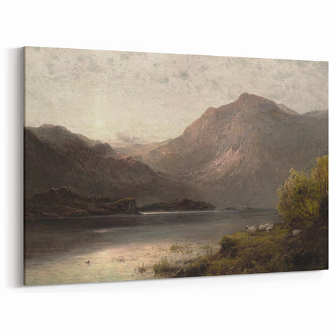 Vintage Mountain Landscape Art - Tranquil Lake with Sheep Canvas