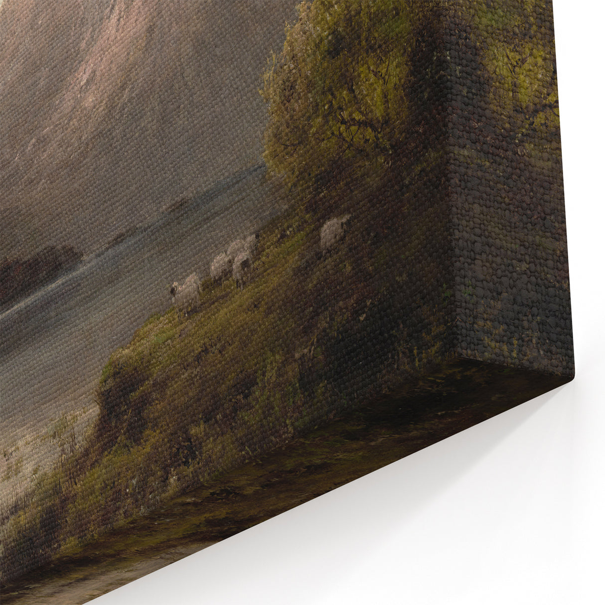 Vintage Mountain Landscape Art - Tranquil Lake with Sheep Canvas