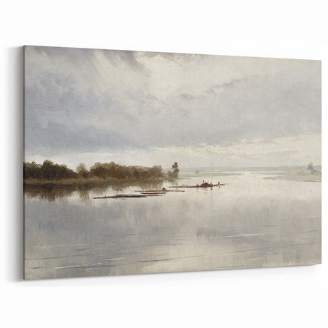 Vintage Riverside Landscape Art - Calm River with Boats Canvas