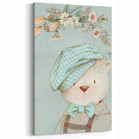 Charming Boys Room Wall Art – Bear with Floral Hat for Kids Rooms