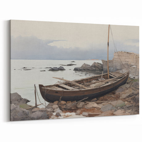 Vintage Landscape Art - Boat on Rocky Shore