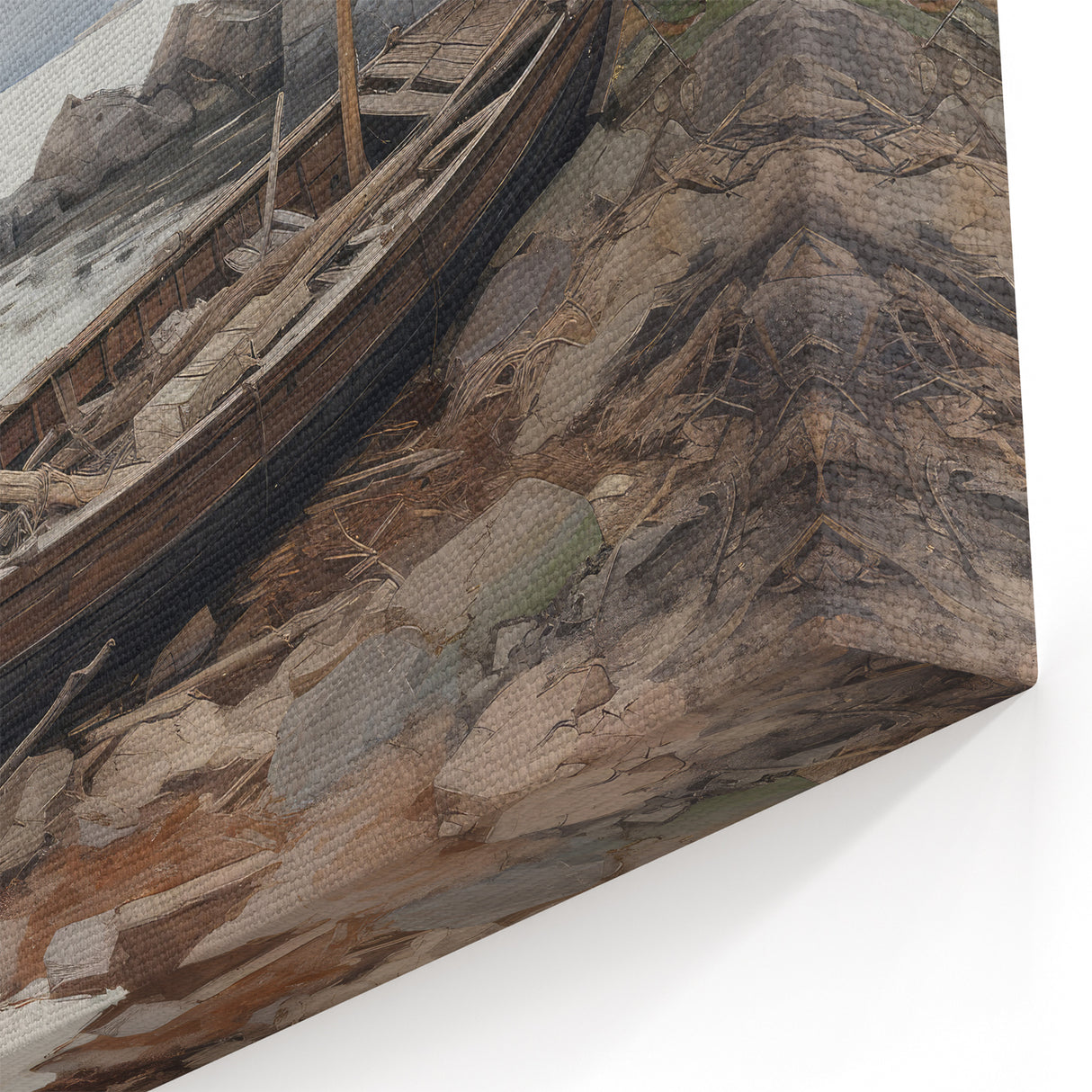Vintage Landscape Art - Boat on Rocky Shore