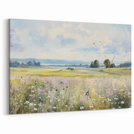 Vintage Landscape Art - Scenic Field with Flowers