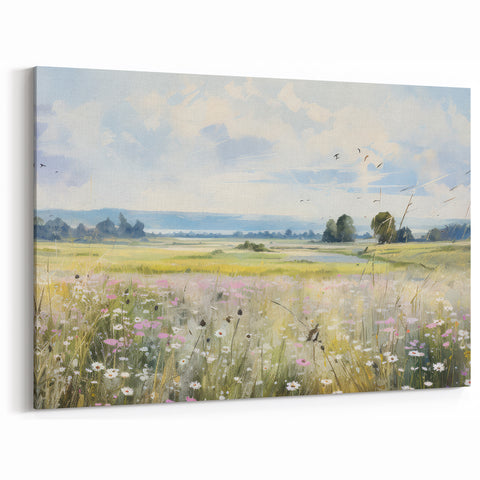 Vintage Landscape Art - Scenic Field with Flowers