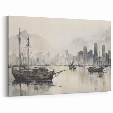 Vintage Landscape Art - Ships in Harbor with City Skyline