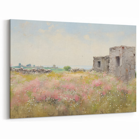 Vintage Landscape Art - Ruins in Blooming Field