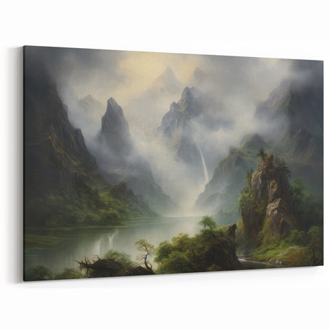 Vintage Landscape Art - Misty Mountains and River
