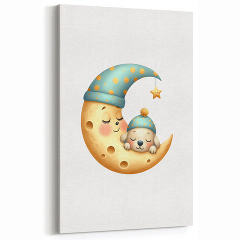 Personalized Kids Art - Sleeping Moon & Puppy Nursery Print
