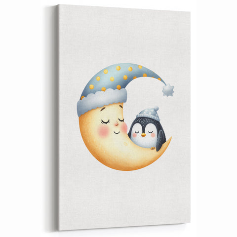 Children's Wall Decor - Sleeping Moon & Penguin Nighttime Print