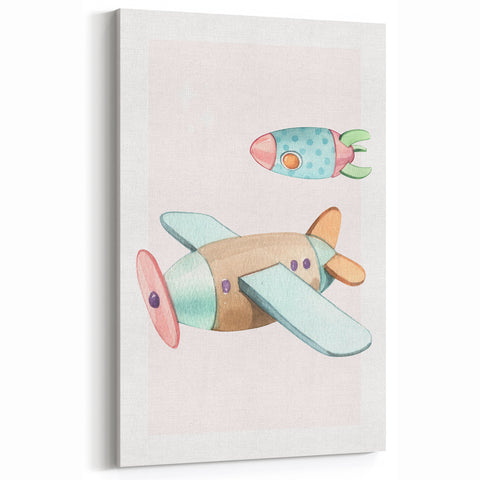 Kids Room Art Prints - Vintage Airplane & Rocket Adventure Theme