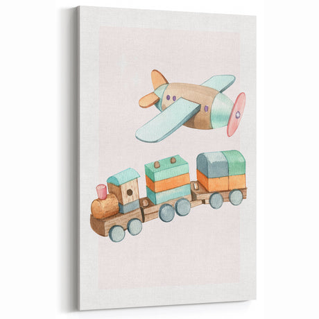 Girls Room Wall Art - Wooden Train & Airplane Kids Room Art
