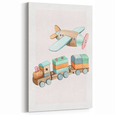 Girls Room Wall Art - Wooden Train & Airplane Kids Room Art