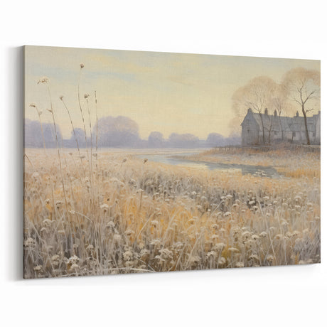 Vintage Landscape Art – Frosty Countryside Canvas for Rustic Decor