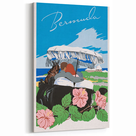 Vintage Bermuda Travel Poster – Retro Couple with Umbrella Art