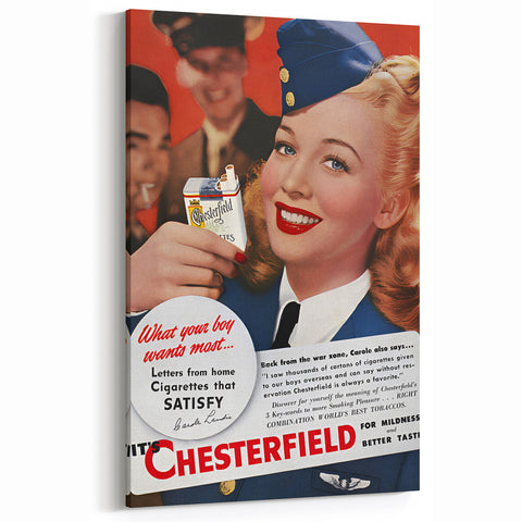 Vintage Chesterfield Cigarettes Ad Poster | Retro Flight Attendant Art