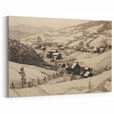 Vintage Landscape Art - Ink Drawing of Countryside Village