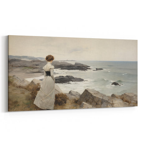 Vintage Landscape Art - Woman by the Sea on Rocky Shoreline
