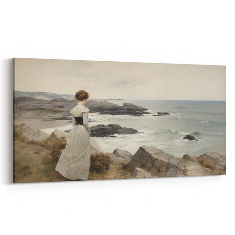 Vintage Landscape Art - Woman by the Sea on Rocky Shoreline