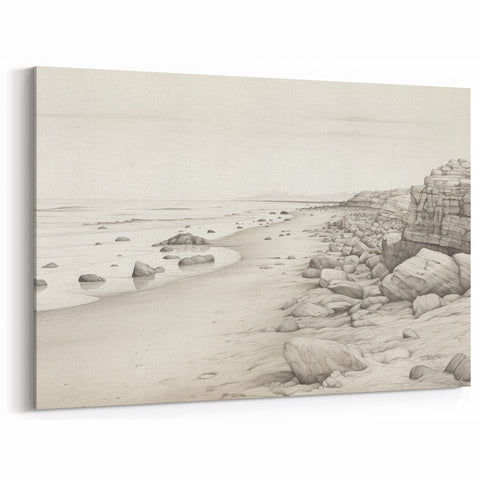 Vintage Landscape Art - Coastal Rocks and Beach in Black and White Ink