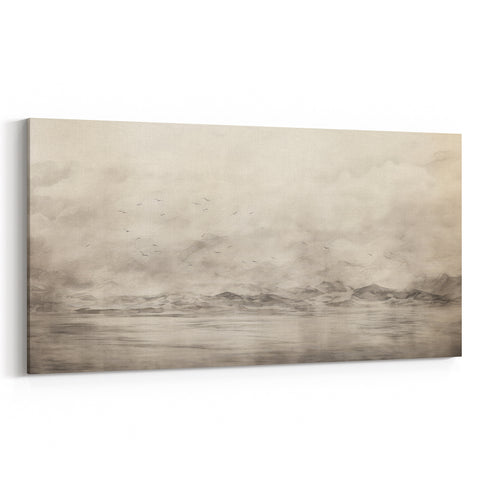 Vintage Landscape Art - Misty Mountains and Birds in Flight
