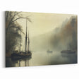 Vintage Landscape Art - Foggy River with Boats and Bare Trees