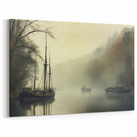 Vintage Landscape Art - Foggy River with Boats and Bare Trees