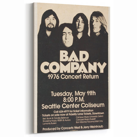Bad Company 1976 Concert Poster – Retro Black & White Wall Art