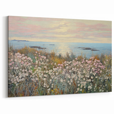 Vintage Landscape Art - Coastal Flowers and Ocean Horizon