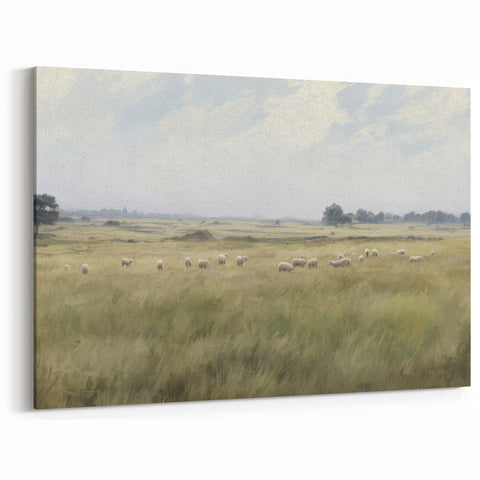 Vintage Landscape Art - Grazing Sheep in a Serene Meadow