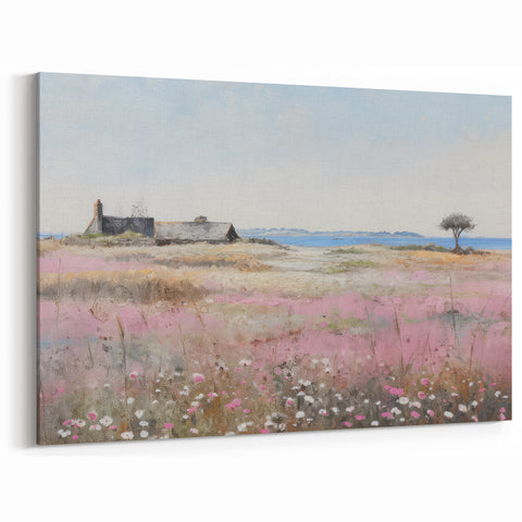 Vintage Landscape Art - Coastal Cottage with Blooming Flowers