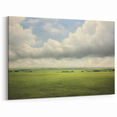 Vintage Landscape Art - Lush Green Fields Under Dramatic Clouds