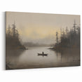 Vintage Boat in Foggy Lake Landscape Art - Tranquil Forest Scene