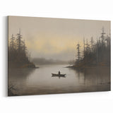 Vintage Boat in Foggy Lake Landscape Art - Tranquil Forest Scene