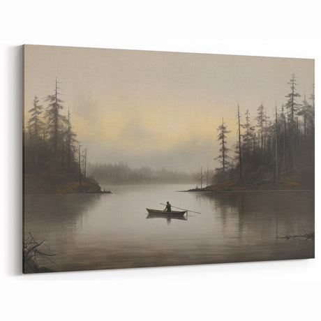 Vintage Boat in Foggy Lake Landscape Art - Tranquil Forest Scene